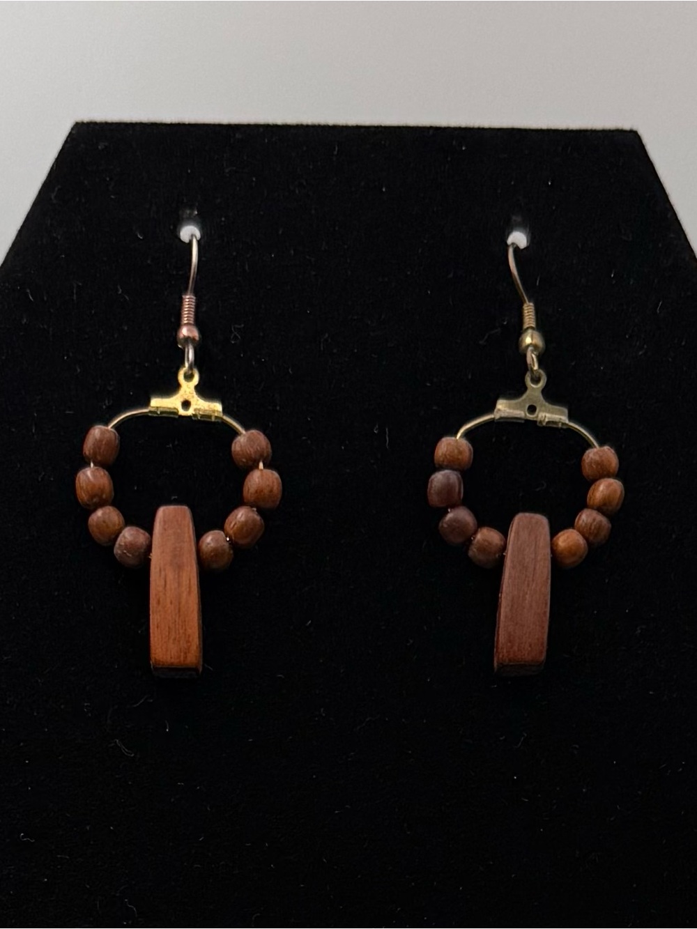Source Unknown Brown Wood Bead Hoop Earrings with Rectangular Drop
